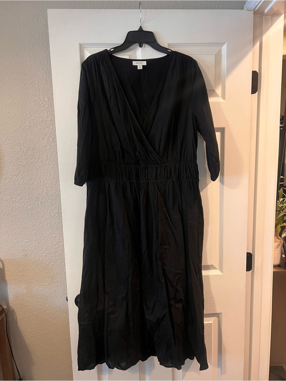 Black V-Neck Midi Dress with Elastic Waistband